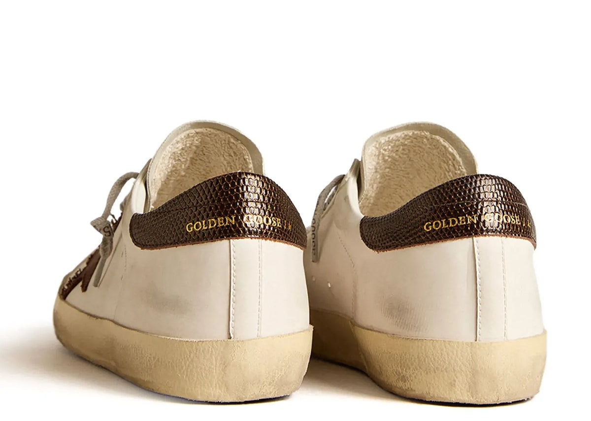 Davenzarry | Golden Goose Super-Star White Bio-Based Brown Canvas Star Lizard Heel | View 4