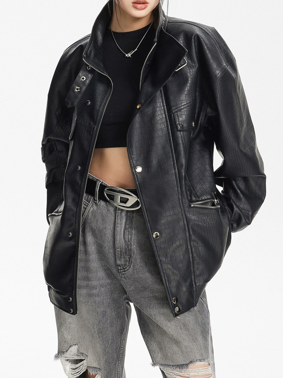 Fushya Deep Street Belt Leather Jacket