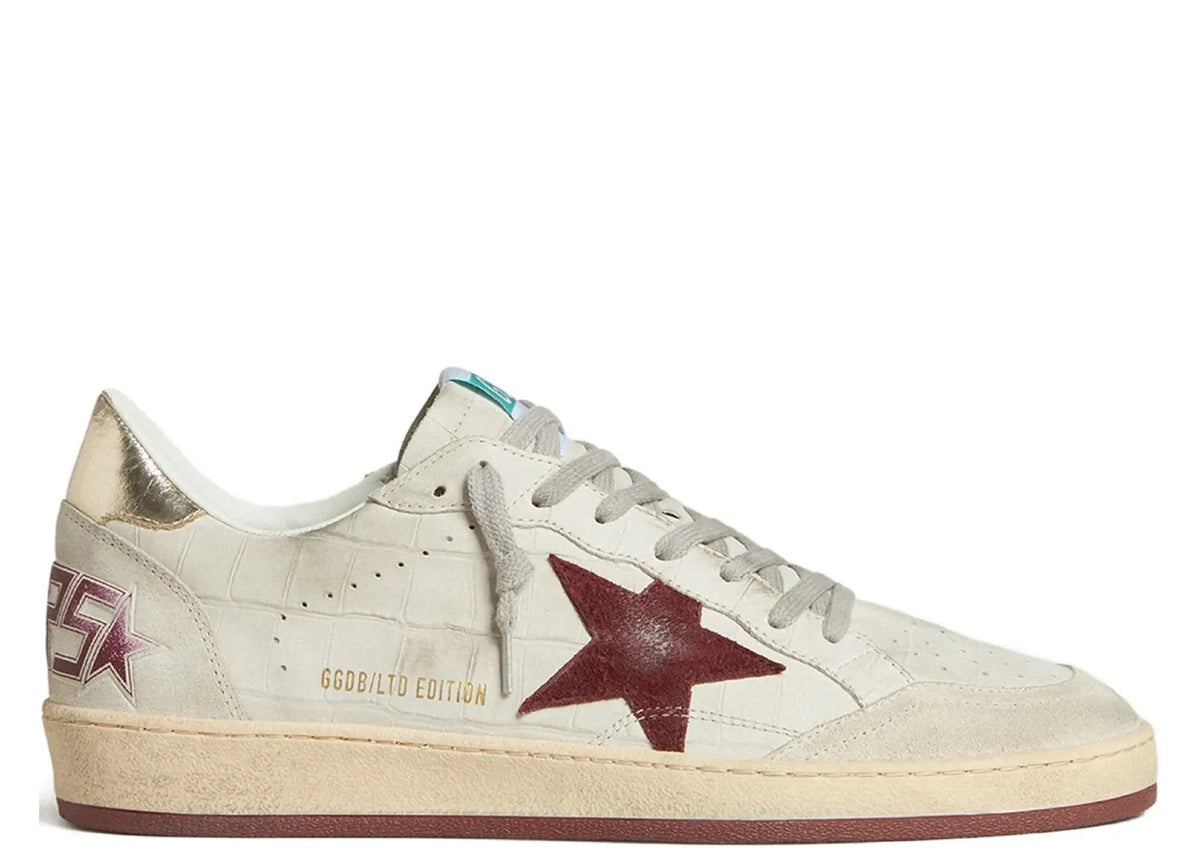Davenzarry | Golden Goose Ball-Star White Croco Nubuck Burgundy Star Gold Heel | View 1