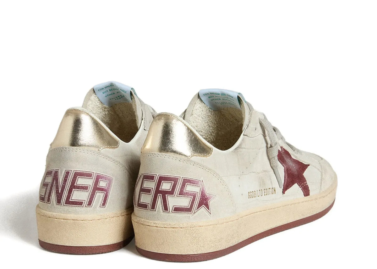 Davenzarry | Golden Goose Ball-Star White Croco Nubuck Burgundy Star Gold Heel | View 3