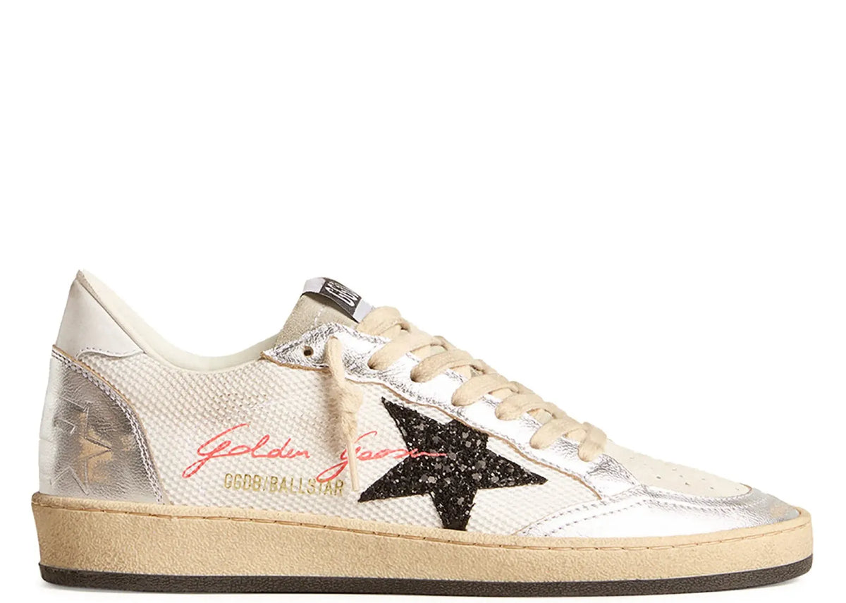 Davenzarry | Golden Goose Ball-Star White Mesh Silver Insert Black Glitter Star Glossy Heel - Women's | View 1