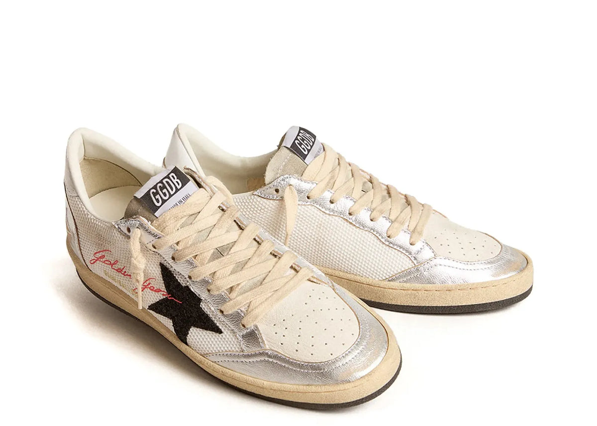Davenzarry | Golden Goose Ball-Star White Mesh Silver Insert Black Glitter Star Glossy Heel - Women's | View 3