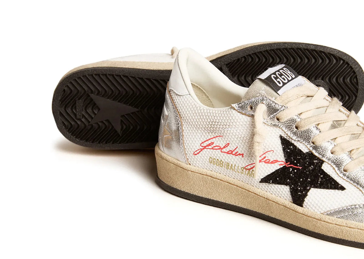 Davenzarry | Golden Goose Ball-Star White Mesh Silver Insert Black Glitter Star Glossy Heel - Women's | View 2