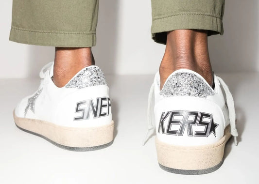 Davenzarry | Golden Goose Ball-Star White Nappa Silver Glitter Star Heel - Women's | View 2