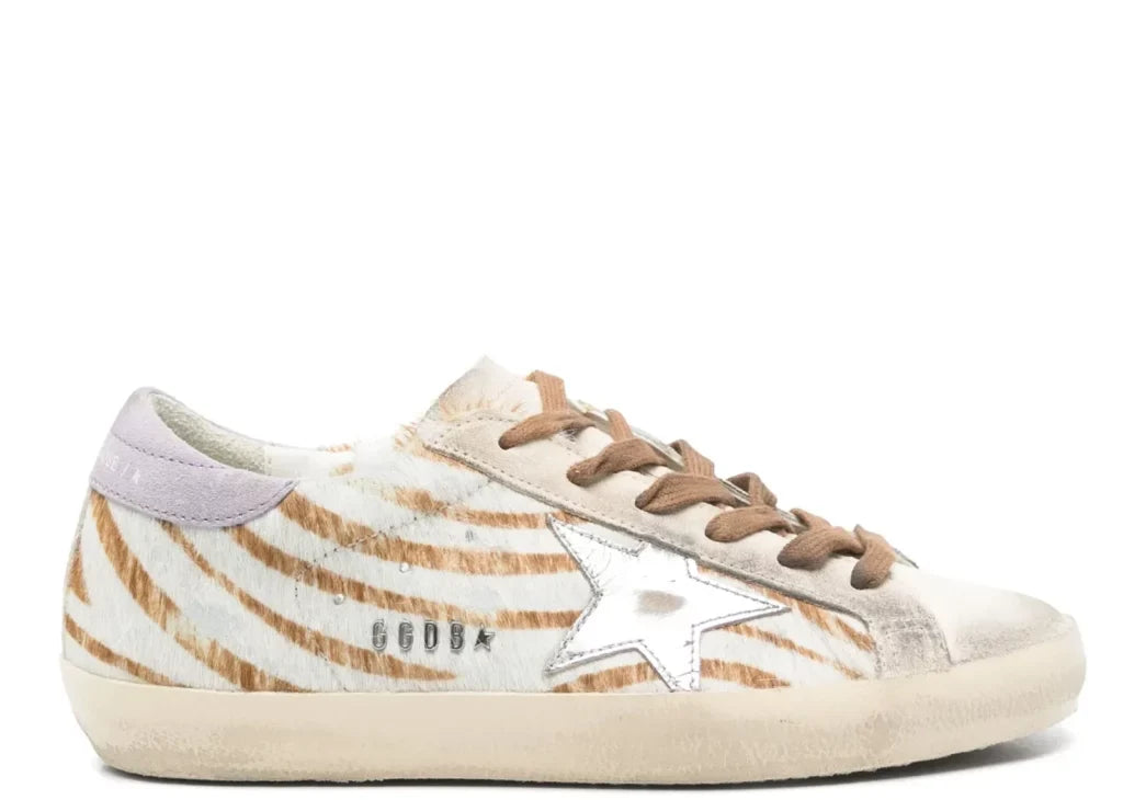 Davenzarry | Golden Goose Super-Star Beige Pony Skin White Star Lilac Heel - Women's | View 4