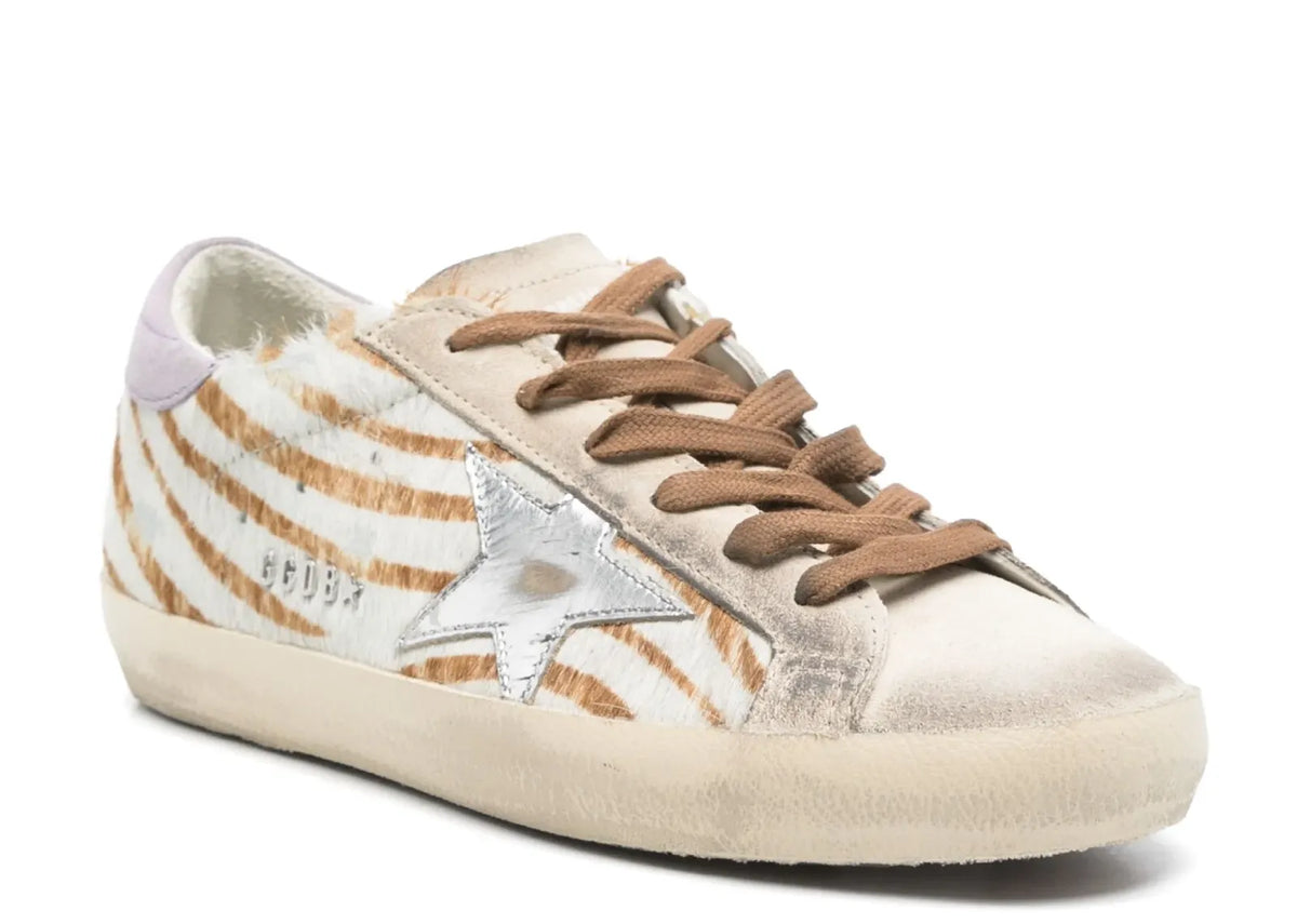 Davenzarry | Golden Goose Super-Star Beige Pony Skin White Star Lilac Heel - Women's | View 2