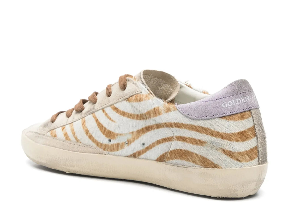 Davenzarry | Golden Goose Super-Star Beige Pony Skin White Star Lilac Heel - Women's | View 3