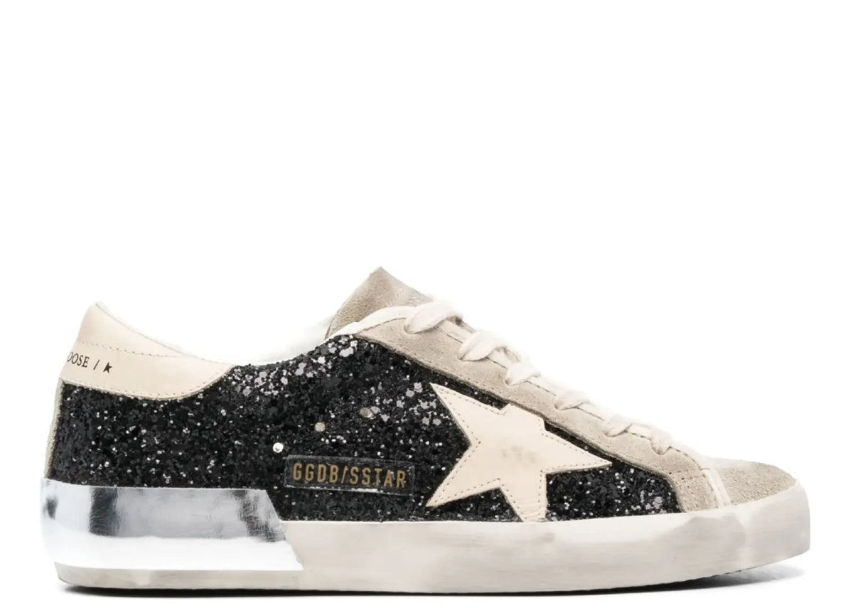 Davenzarry | Golden Goose Super-Star Black Glitter Cream Star Heel Silver Foxing - Women's | View 1