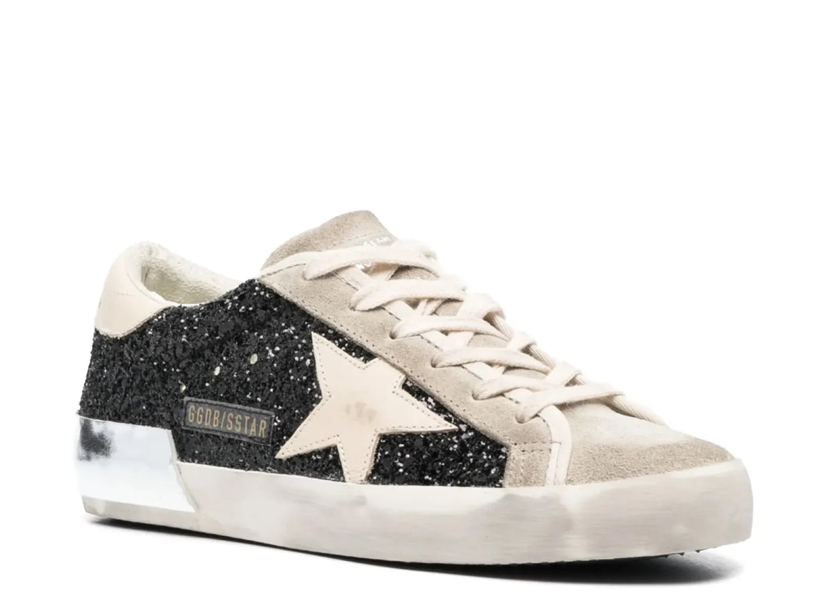 Davenzarry | Golden Goose Super-Star Black Glitter Cream Star Heel Silver Foxing - Women's | View 2