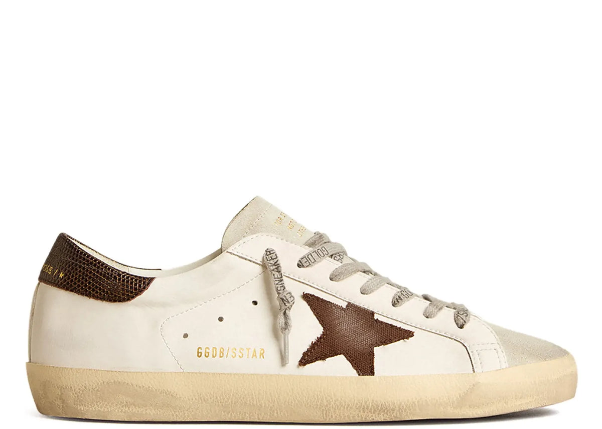 Davenzarry | Golden Goose Super-Star White Bio-Based Brown Canvas Star Lizard Heel | View 1