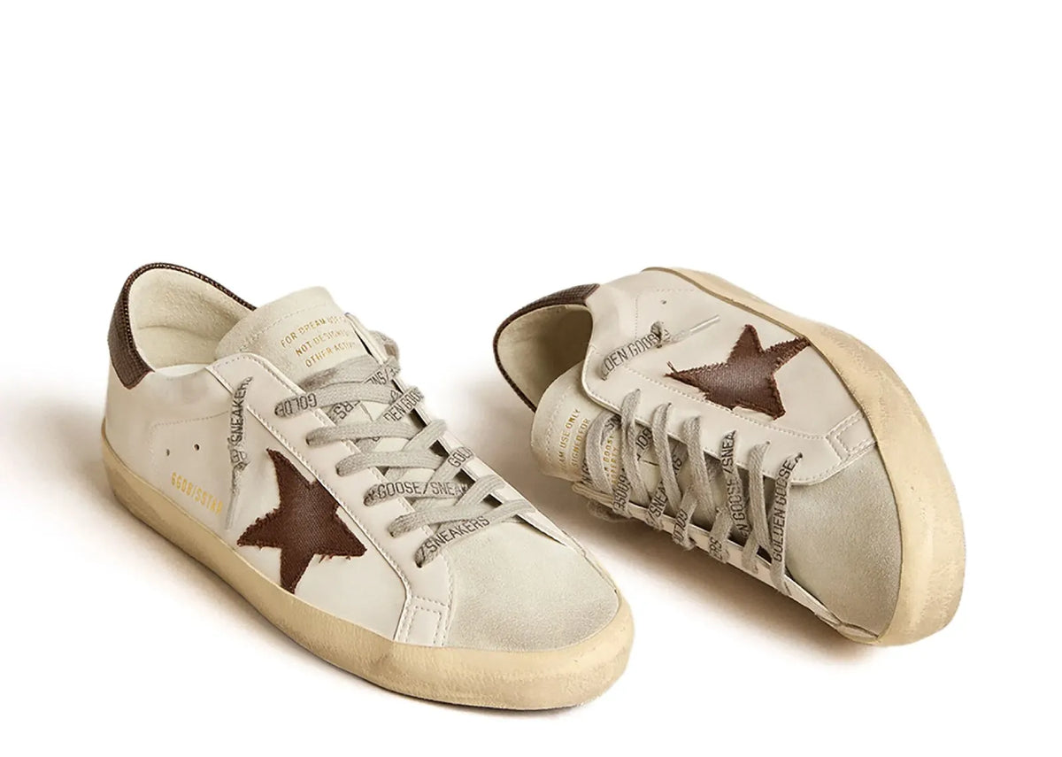 Davenzarry | Golden Goose Super-Star White Bio-Based Brown Canvas Star Lizard Heel | View 3