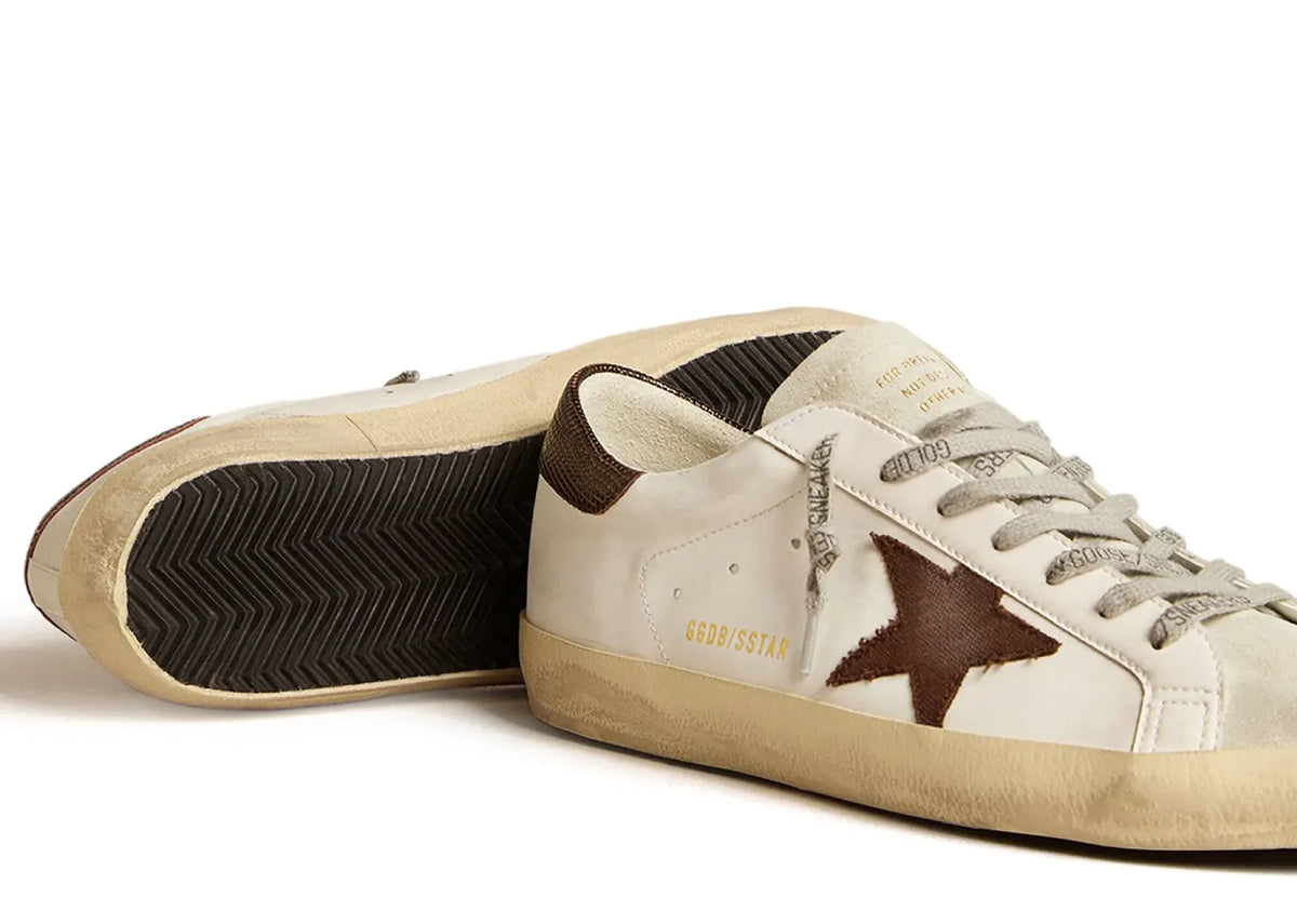 Davenzarry | Golden Goose Super-Star White Bio-Based Brown Canvas Star Lizard Heel | View 2