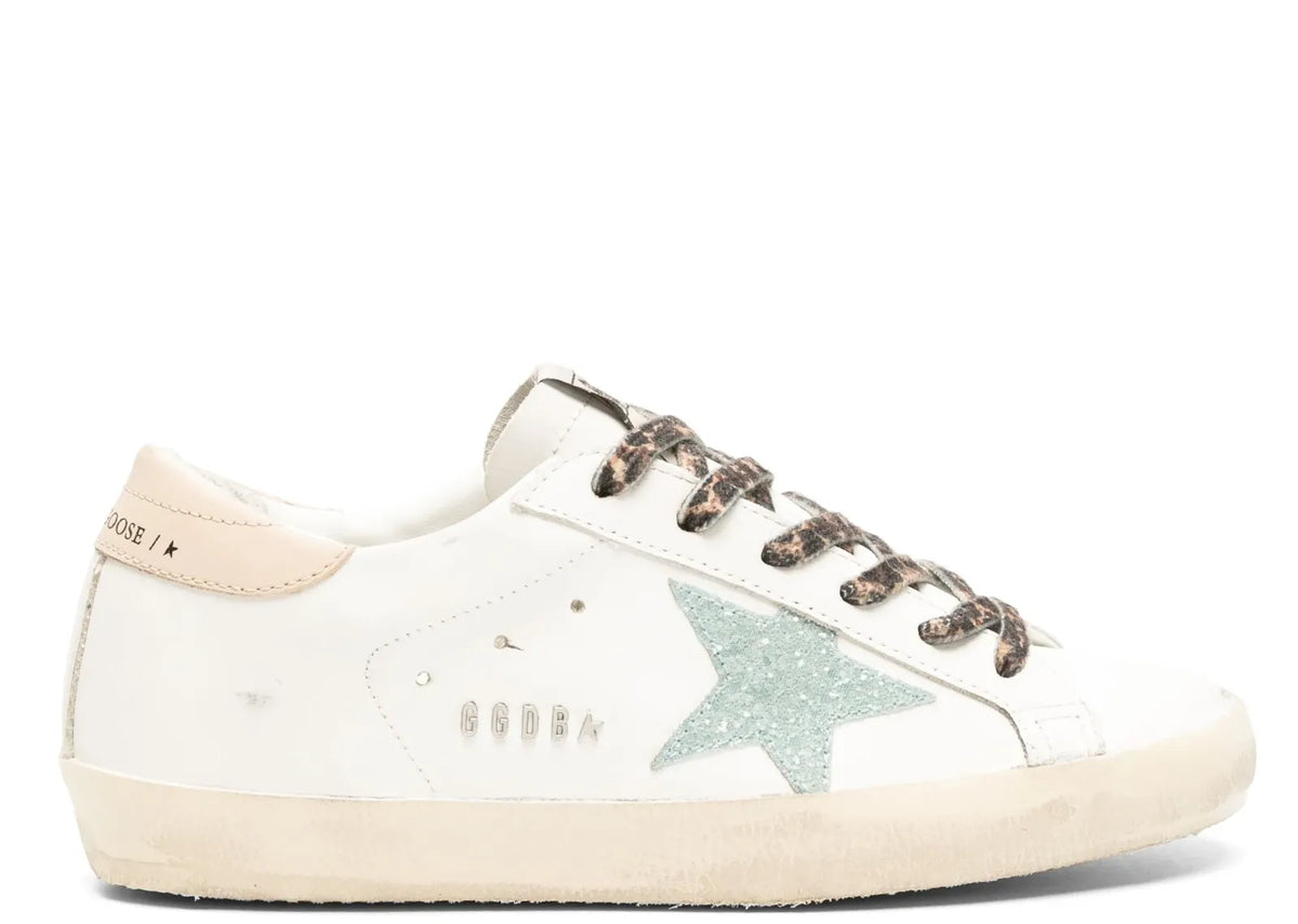 Davenzarry | Golden Goose Super-Star White Leather Gray Glitter Star Nude Heel Leopard Laces - Women's | View 1