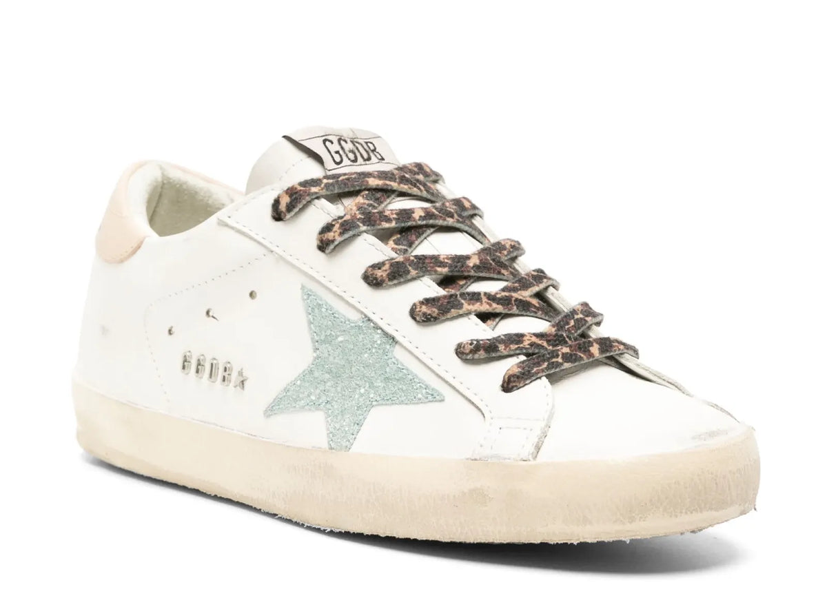 Davenzarry | Golden Goose Super-Star White Leather Gray Glitter Star Nude Heel Leopard Laces - Women's | View 2