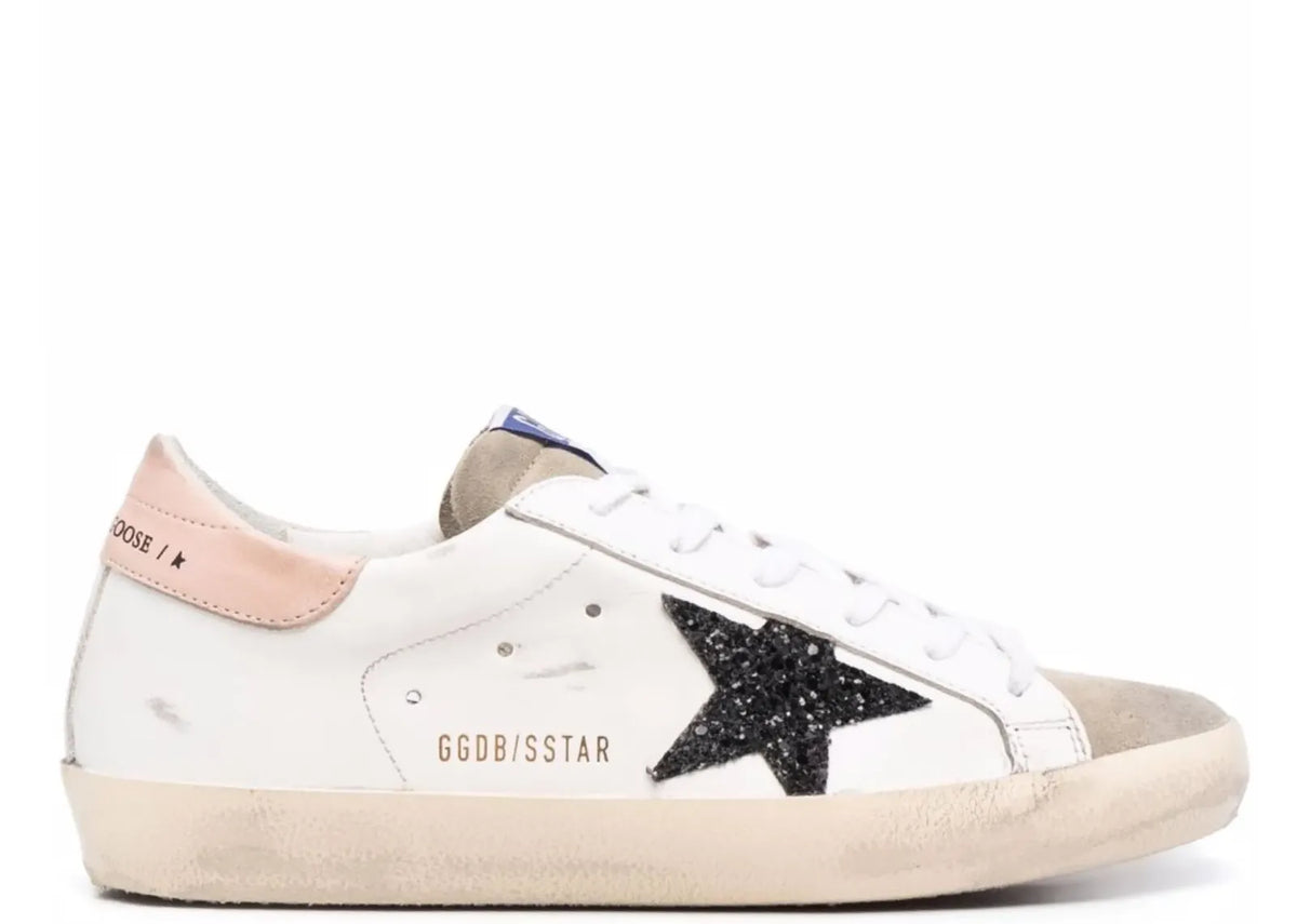 Davenzarry | Golden Goose Super-Star White Leather Black Glitter Star Rose Heel - Women's | View 1
