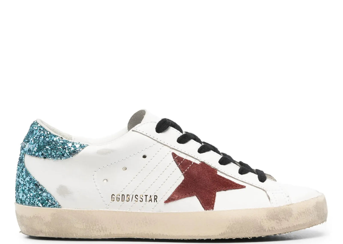 Davenzarry | Golden Goose Super-Star White Leather Burgundy Star Blue Glitter Heel - Women's | View 1