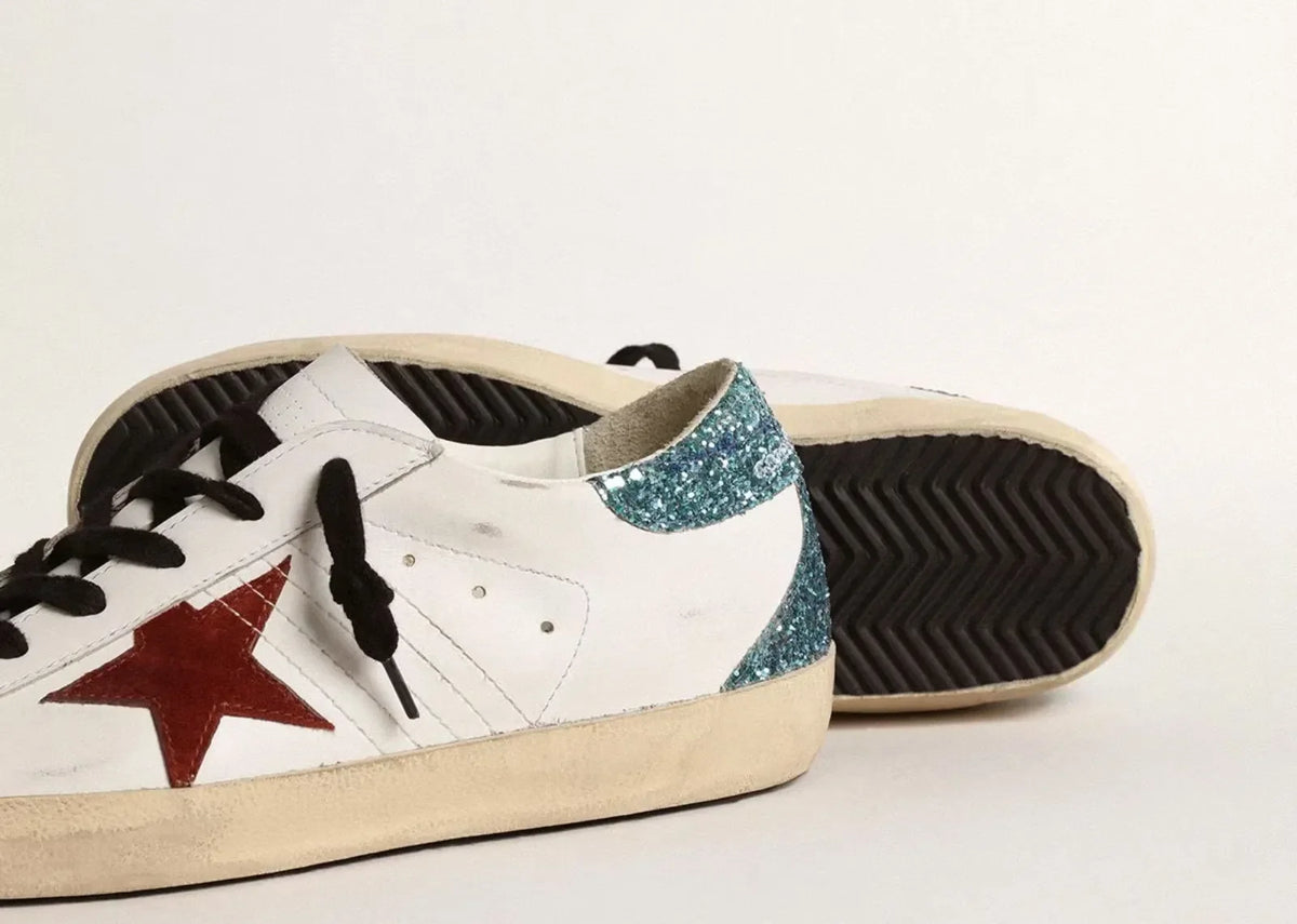Davenzarry | Golden Goose Super-Star White Leather Burgundy Star Blue Glitter Heel - Women's | View 4
