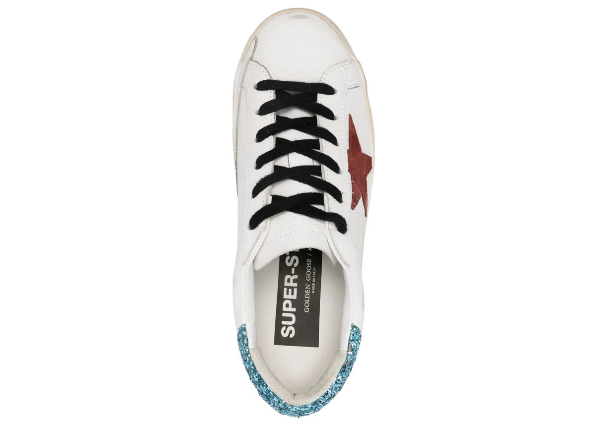Davenzarry | Golden Goose Super-Star White Leather Burgundy Star Blue Glitter Heel - Women's | View 3