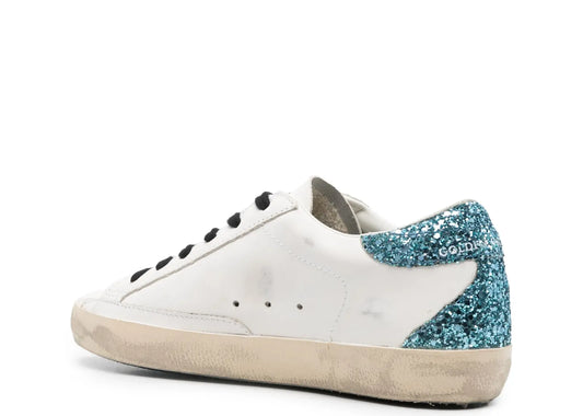 Davenzarry | Golden Goose Super-Star White Leather Burgundy Star Blue Glitter Heel - Women's | View 2