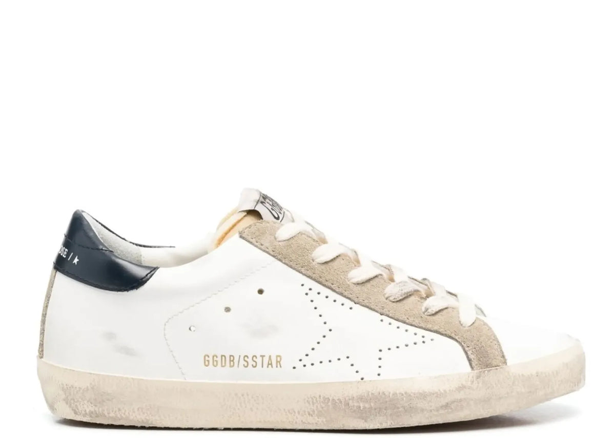 Davenzarry | Golden Goose Super-Star White Leather Perforated Star Blue Heel - Women's | View 1
