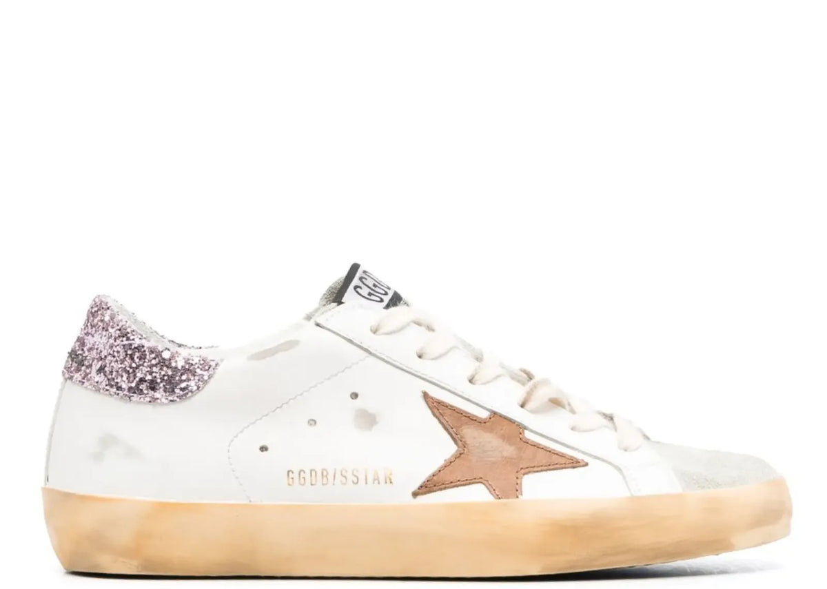 Davenzarry | Golden Goose Super-Star White Leather Tan Star Pink Glitter Heel - Women's | View 1