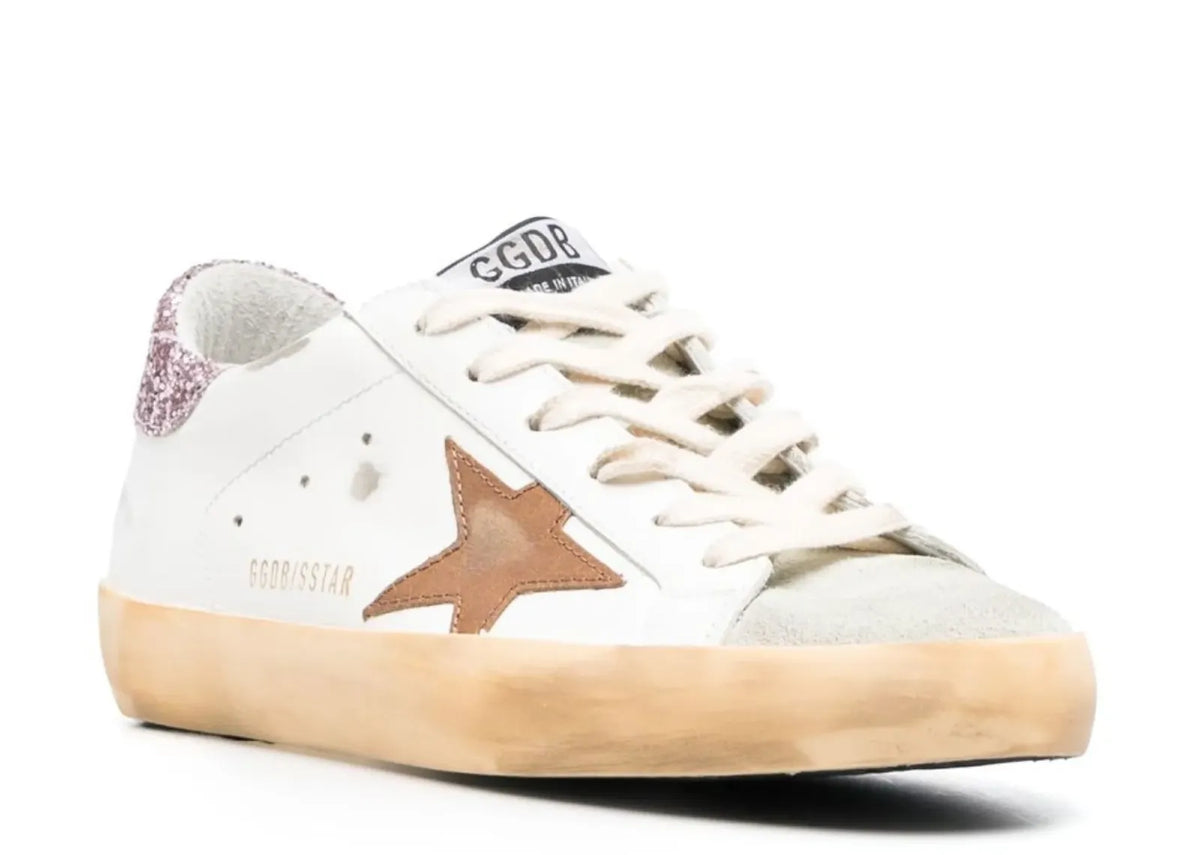 Davenzarry | Golden Goose Super-Star White Leather Tan Star Pink Glitter Heel - Women's | View 2