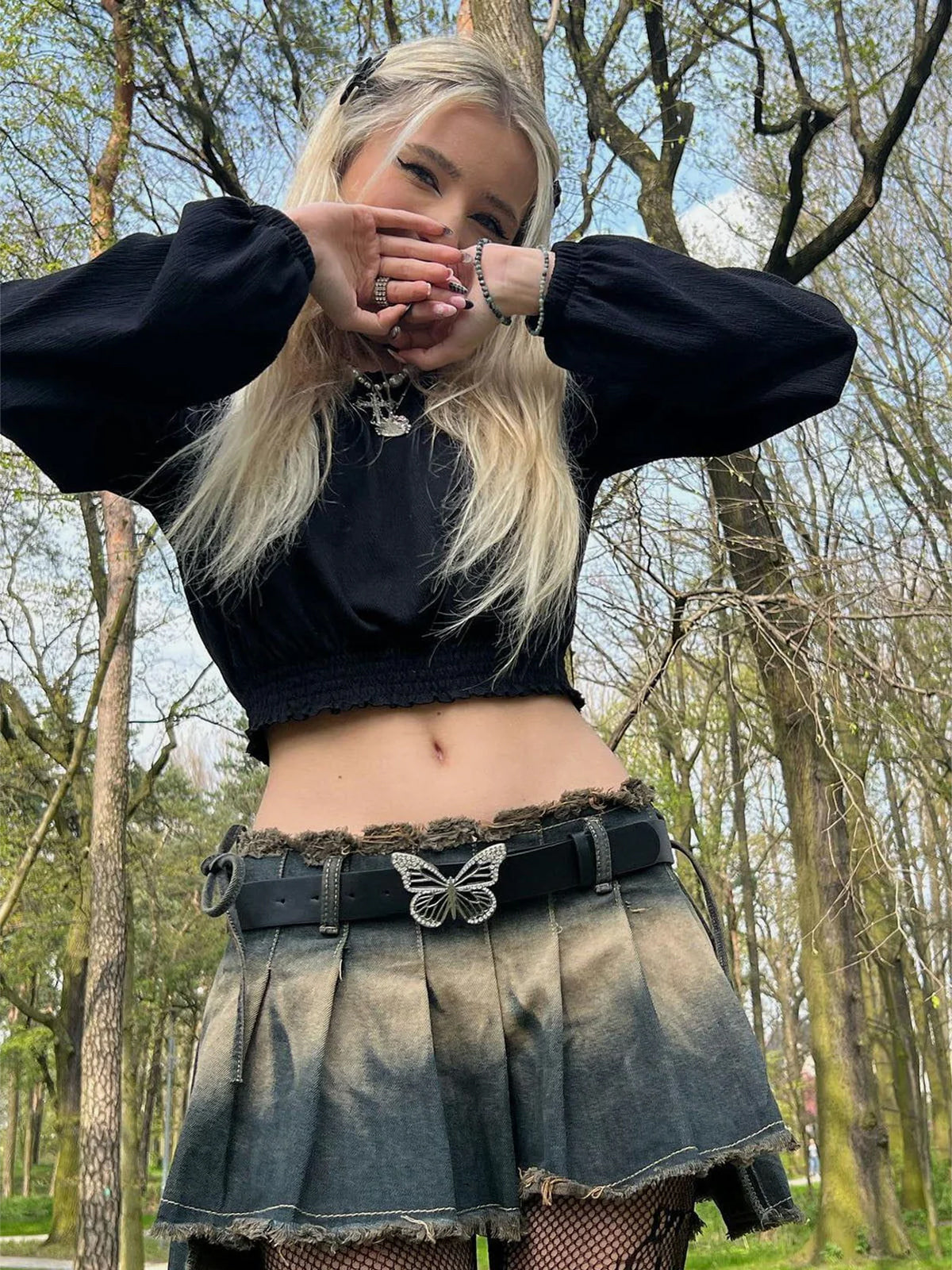 Fushya "Street Star" Vintage Leather Silver Butterfly Skirt