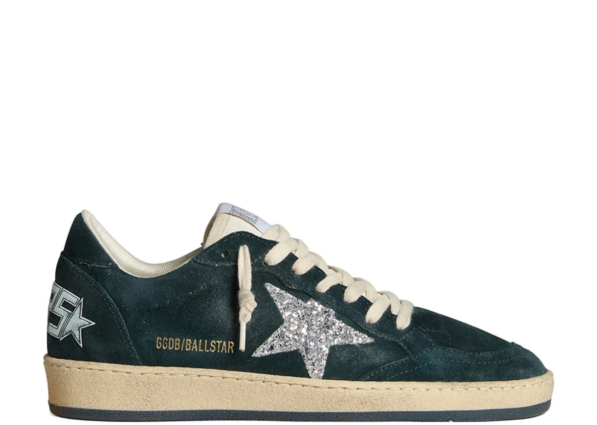Davenzarry | Golden Goose Ball Star Green Suede Silver Glitter Star - Women's | View 1