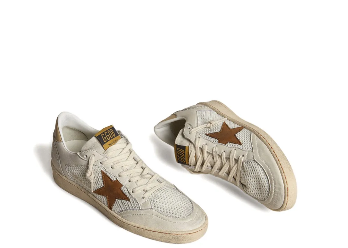 Davenzarry | Golden Goose Ball-Star White Nappa Mesh Tobacco Nubuck Star Beige Heel Tab - Women's | View 2