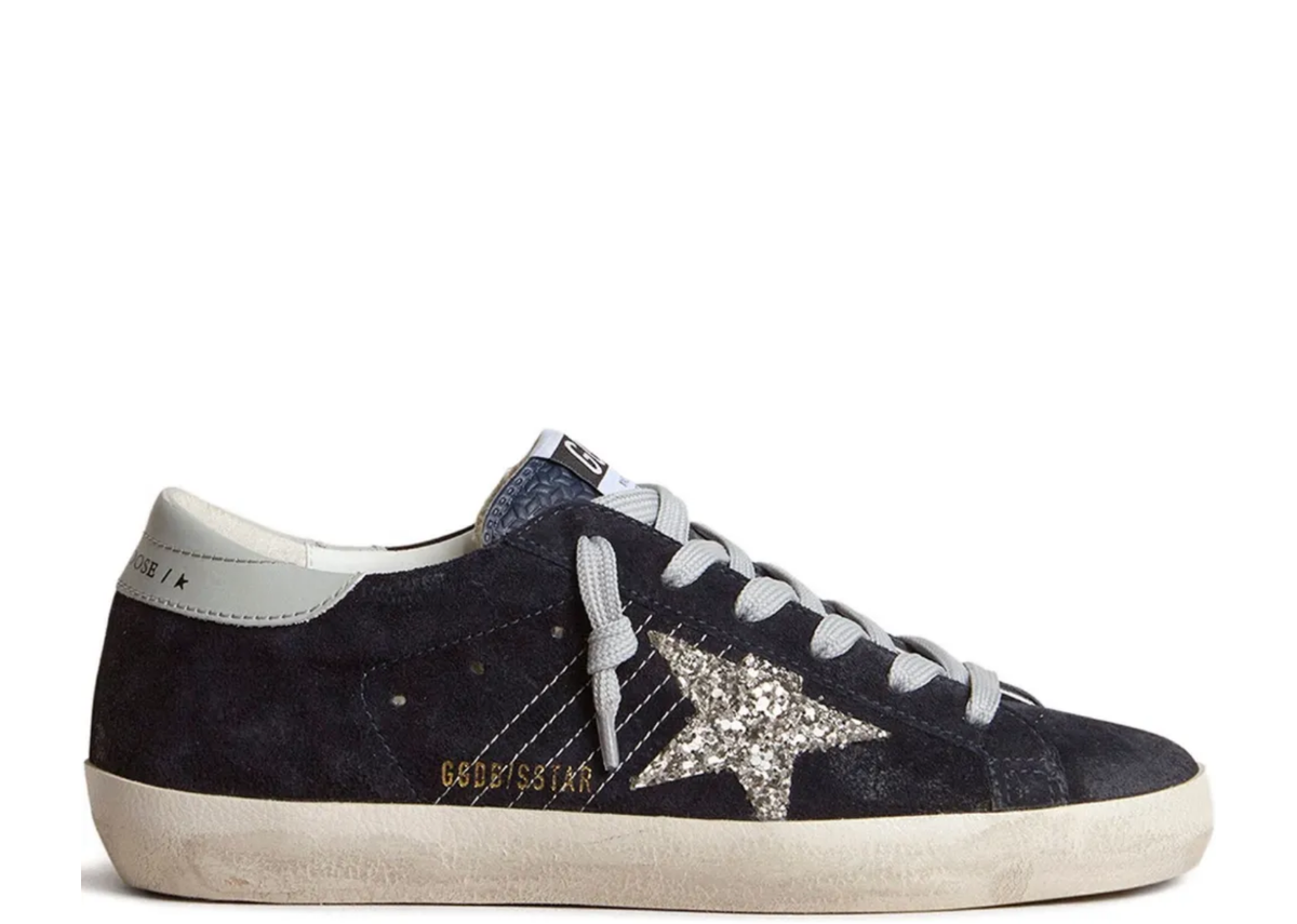 Davenzarry | Golden Goose Super-Star Blue Suede Silver Glitter Star Ice Gray Heel Tab - Women's | View 1