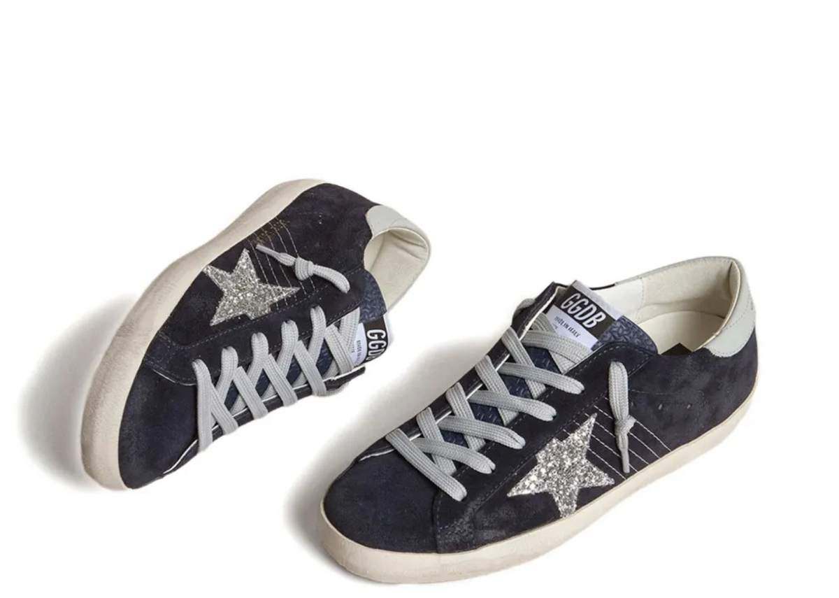 Davenzarry | Golden Goose Super-Star Blue Suede Silver Glitter Star Ice Gray Heel Tab - Women's | View 2