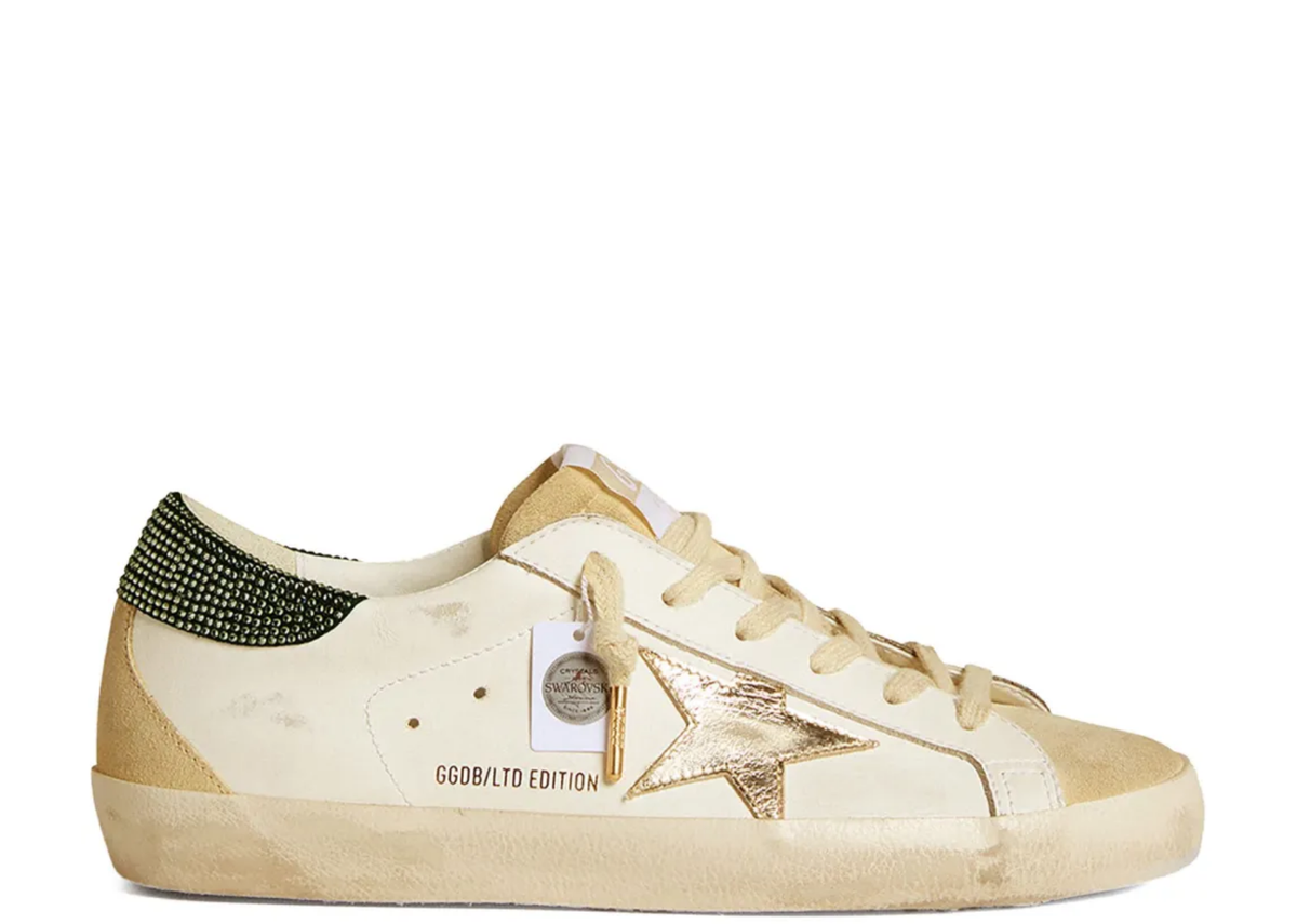Davenzarry | Golden Goose Super-Star LTD Gold Leather Star Green Swarovski Heel Tab - Women's | View 1