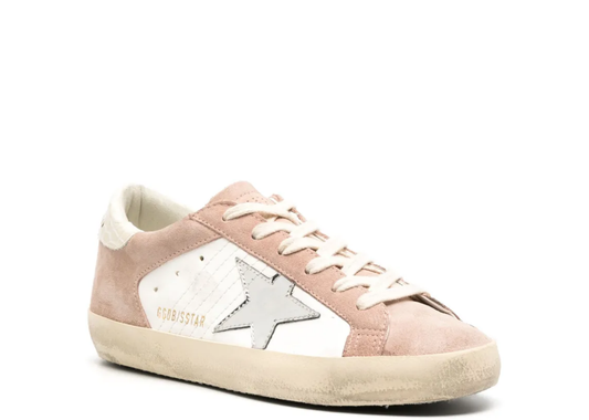 Davenzarry | Golden Goose Super-Star Pink Cream Suede Silver Metallic Star Beige Croc Heel Tab - Women's | View 2