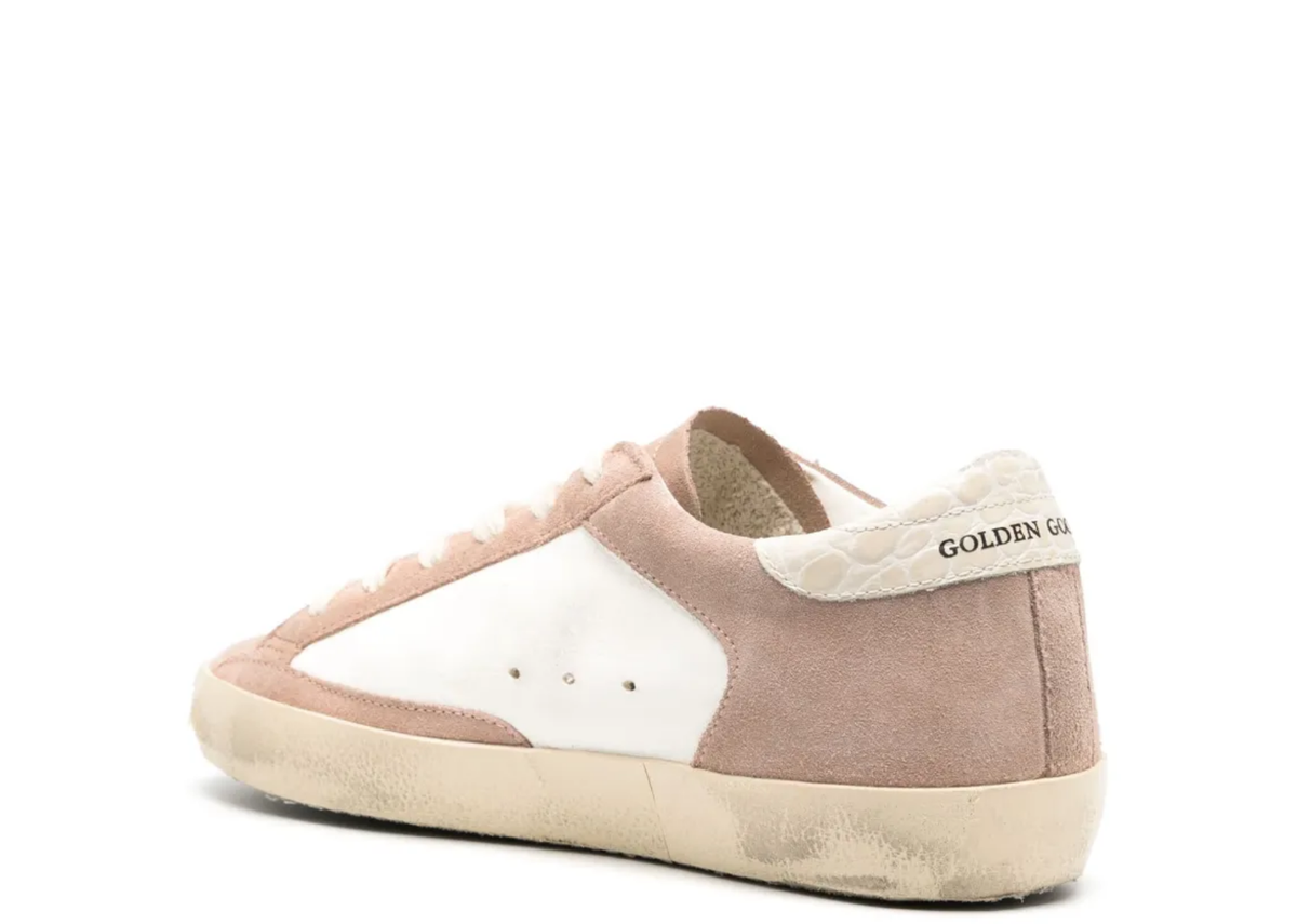 Davenzarry | Golden Goose Super-Star Pink Cream Suede Silver Metallic Star Beige Croc Heel Tab - Women's | View 3