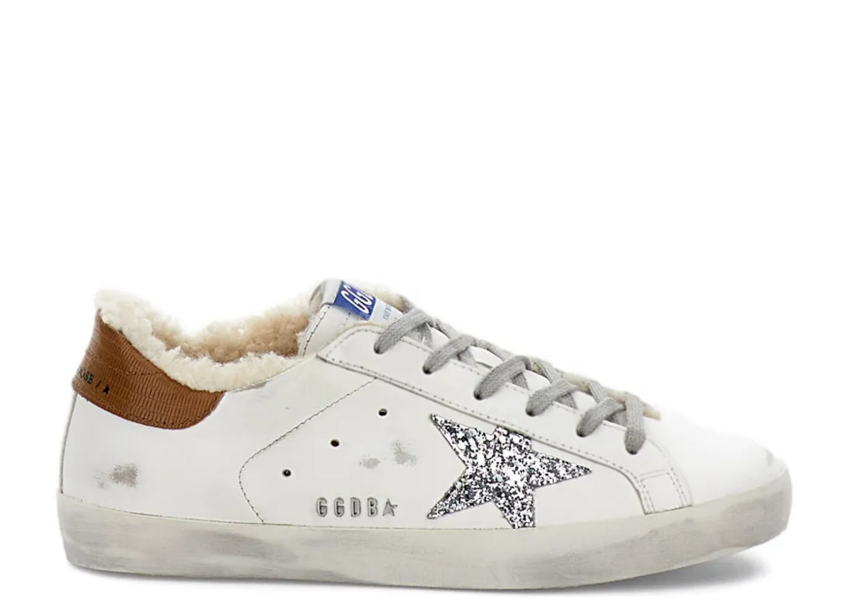 Davenzarry | Golden Goose Super-Star Shearling Silver Glitter Star Ice Gray Heel Tab - Women's | View 1