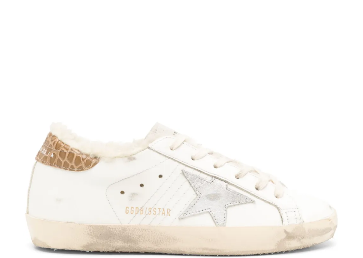 Davenzarry | Golden Goose Super-Star Silver Leather Star Beige Croc Heel Tab - Women's | View 1
