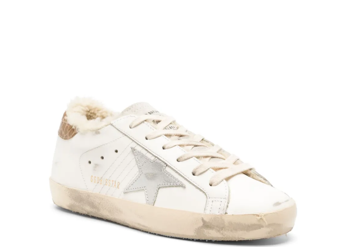 Davenzarry | Golden Goose Super-Star Silver Leather Star Beige Croc Heel Tab - Women's | View 2