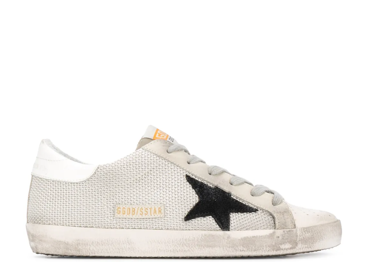 Davenzarry | Golden Goose Super-Star White Leather Black Star Ice Gray Heel Tab - Women's | View 1