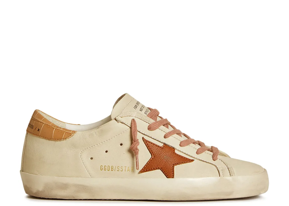Davenzarry | Golden Goose Super-Star White Leather Star Beige Croc Heel Tab - Women's | View 1