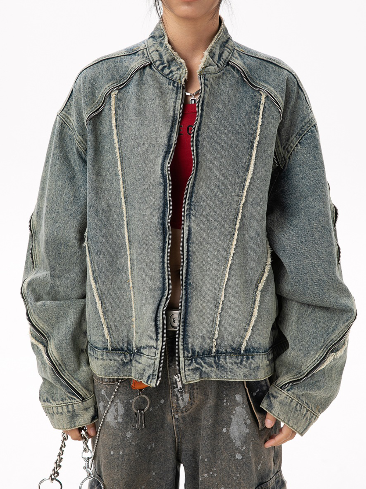 Fushya "Street Star" Fringe Lines Washed Denim Jacket