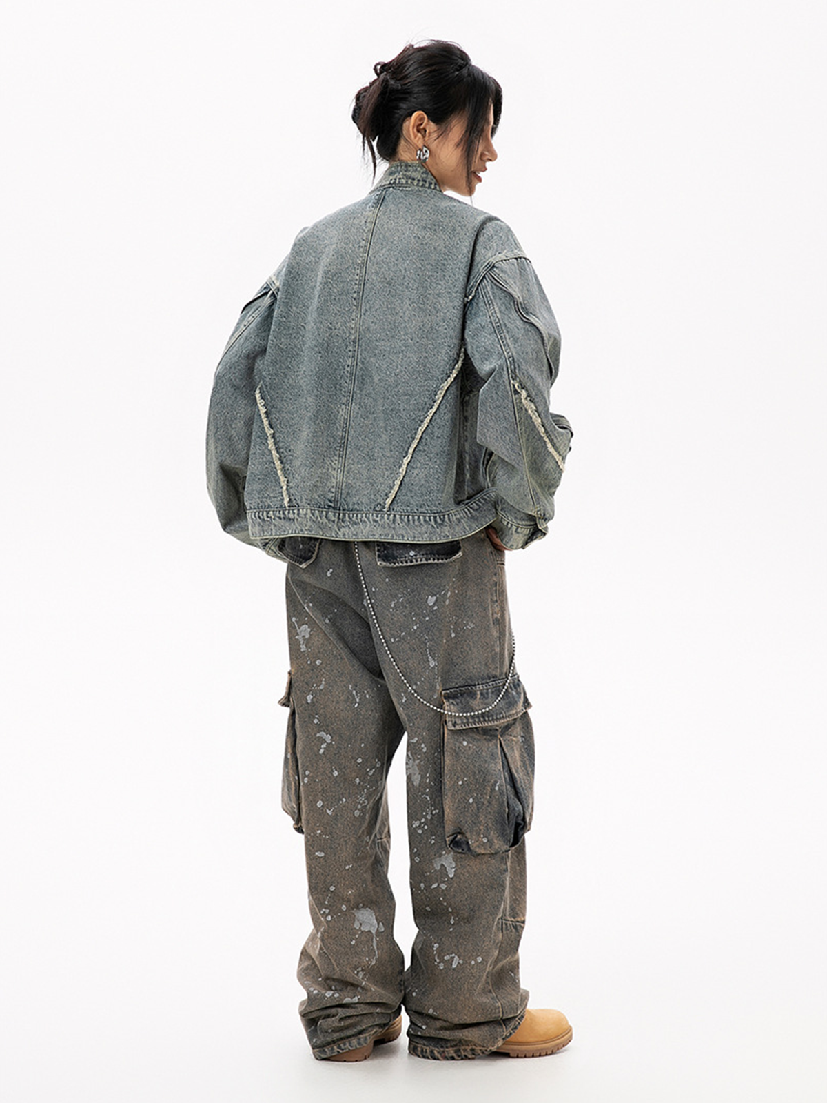 Fushya "Street Star" Fringe Lines Washed Denim Jacket