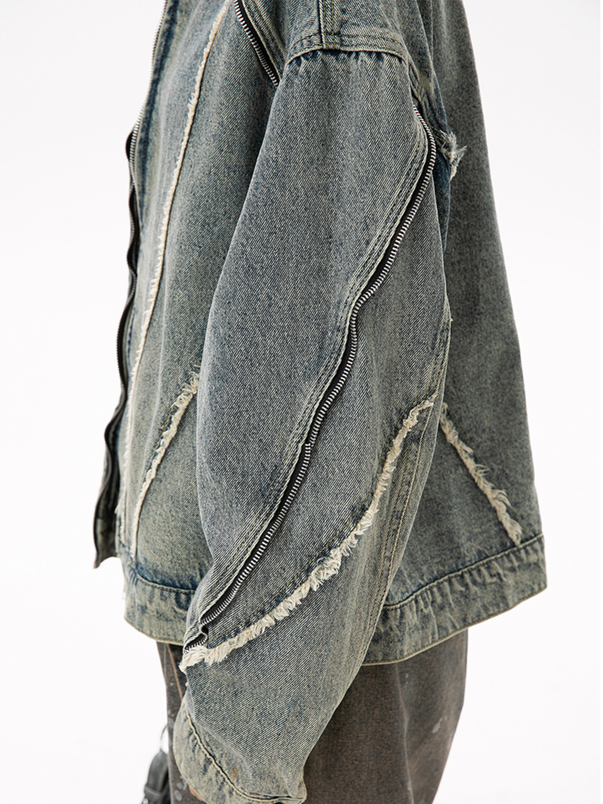 Fushya "Street Star" Fringe Lines Washed Denim Jacket