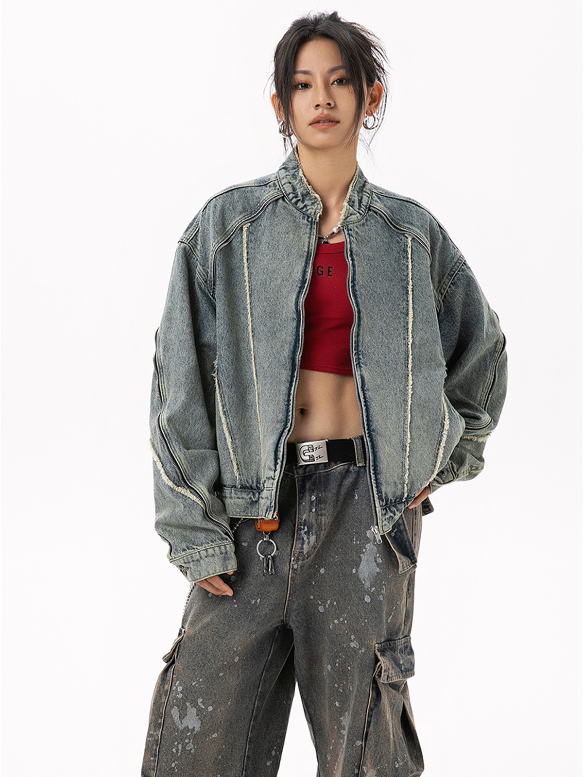 Fushya "Street Star" Fringe Lines Washed Denim Jacket